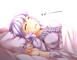  ^_^ alternate_costume bed blanket blush breasts breasts_apart closed_eyes drooling eyes_closed kazetto large_breasts lavender_hair long_hair lying merlin_prismriver no_hat no_headwear on_back open_mouth pajamas pillow sleeping smile solo touhou under_covers 