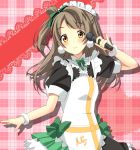  apron blush brown_eyes brown_hair highres looking_at_viewer love_live!_school_idol_project maid maid_headdress microphone minami_kotori oruton smile solo 