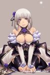  arm_support bare_shoulders black_legwear breasts collarbone dress facial_mark fantasy_earth_zero lace large_breasts lips mr.romance seiza simple_background sitting solo thigh-highs thighhighs white_hair 