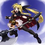  alternate_weapon bardiche blonde_hair cape fate_testarossa getter_robo lyrical_nanoha mahou_shoujo_lyrical_nanoha parody rohitsuka sky solo thigh-highs thighhighs tomahawk twintails weapon 