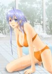  asymmetrical_hair bikini blue_eyes blue_hair chair fang heterochromia highres lavolpe_(yagisaka_seto) long_hair navel open_mouth orange_bikini original payot pool poolside purple_eyes solo swimsuit water wet yagisaka_seto 