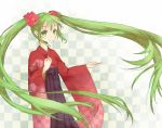  checkered checkered_background floating_hair flower green_eyes green_hair hair_flower hair_ornament hatsune_miku japanese_clothes kamogonn kimono long_hair new_year smile solo twintails very_long_hair vocaloid 