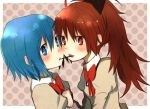  bad_id blue_eyes blue_hair blush cheek-to-cheek cheek_to_cheek gumichoco long_hair mahou_shoujo_madoka_magica miki_sayaka multiple_girls pocky pocky_kiss red_eyes red_hair redhead sakura_kyouko school_uniform shared_food short_hair yuri 