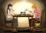  adult beer black_hair blush bowl brown_hair chopsticks closed_eyes eating eyes_closed food futari_wa_precure hotpot jacket long_hair meat misumi_nagisa multiple_girls navex pants precure rice sake short_hair skirt soy_sauce sukiyaki table touhou yukishiro_honoka 