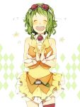  argyle argyle_background goggles goggles_on_head green_hair gumi hagiwara_hatoba open_mouth short_hair skirt smile solo translated vocaloid wrist_cuffs 