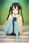  :&lt; :o black_hair blue_legwear blush brown_eyes cardigan collarbone feet jacket k-on! k-on!_movie kaiga long_hair looking_at_viewer nakano_azusa no_shoes open_mouth pantyhose sailor_collar school_uniform sitting solo twintails young 