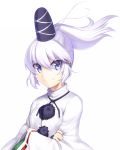  blue_eyes bust crossed_arms hat japanese_clothes kaiza_(rider000) mononobe_no_futo ponytail short_hair silver_hair smile solo tate_eboshi touhou 