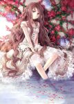  brown_eyes brown_hair chain chains choker corset dress earrings feet_in_water flower hagiwara_rin hair_ribbon jewelry lace light_smile long_hair looking_at_viewer necklace off_shoulder original petals ribbon sitting soaking_feet solo very_long_hair water wavy_hair 
