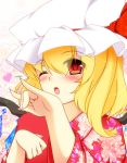  alternate_costume aosaki_kanade blonde_hair face fang flandre_scarlet floral_print hands hat japanese_clothes kimono pose red_eyes side_ponytail silver_clock solo the_embodiment_of_scarlet_devil touhou wings wink 