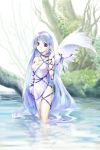  artist_request blue_eyes blue_hair copyright_request jewelry long_hair necklace purple_eyes ribbon single_wing thigh_ribbon tree very_long_hair wading water wing_ribbon wings 