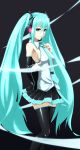  aqua_eyes aqua_hair bare_shoulders breasts detached_sleeves hand_on_own_chest hatsune_miku highres long_hair necktie pointing sideboob skirt smile solo thigh-highs thighhighs twintails very_long_hair vocaloid 