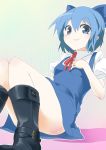  blue_eyes blue_hair boots bow cirno hair_bow highres shift_(0808) short_hair sitting skirt smile solo touhou 