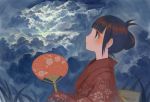  blue_eyes brown_hair cloud emi fan grass hair_bun japanese_clothes kimono original paper_fan sky uchiwa 