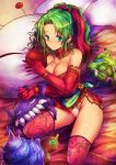  1girl :o bare_shoulders blush breasts character_doll choker cleavage earrings elbow_gloves final_fantasy final_fantasy_vi gloves green_eyes green_hair hair_ribbon humbaba jewelry kara_(color) large_breasts long_hair looking_at_viewer lying monster moogle on_back orthros panties pillow ponytail ribbon shiny shiny_skin skindentation solo tentacle thighhighs tina_branford underwear ymir_(ff6) 