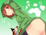 ana_dogukishi black_legwear blush breasts creeparka creeper hoodie looking_at_viewer minecraft naked_hoodie personification red_eyes red_hair redhead short_hair simple_background solo thigh-highs thighhighs 