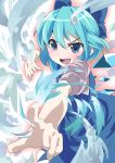  &gt;:) &gt;:d :d blue_eyes blue_hair blush bow cirno face fighting_stance foreshortening hair_bow hands highres ice magic open_mouth pointing shift_(0808) short_hair smile solo touhou wings 