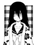  bangs black_hair blanket bust floral_print komori_kiri long_hair monochrome plaid sayonara_zetsubou_sensei school_uniform serafuku shanghai_man solo tears 