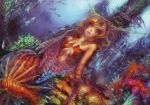  fish horns mermaid monster_girl munashichi orange_hair original sitting solo underwater underwater_city 