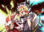  ascot blonde_hair blue_eyes blush bow broom brown_hair detached_sleeves fang hakurei_reimu hat kirisame_marisa miko multiple_girls open_mouth pointing red_eyes red_ribbon ribbon taker touhou upside-down witch witch_hat 