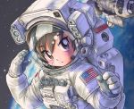  american_flag astronaut blush brown_eyes brown_hair cloud earth japanese_flag kiichi morita_yukari rocket_girls solo space space_craft space_shuttle spacesuit star star_(sky) 