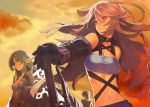  2girls 92m blonde_hair blue_eyes blue_hair breasts choker cleavage cloud gloves jude_mathis long_hair midriff milla_maxwell multiple_girls muse_(tales_of_xillia) navel pointy_ears red_eyes tales_of_(series) tales_of_xillia taut_shirt tubetop yellow_background 