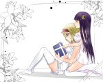  alice_margatroid aoshima bare_back bare_shoulders between_breasts blonde_hair book breasts choker flower hairband highres hug large_breasts long_hair multiple_girls patchouli_knowledge purple_hair short_hair simple_background sitting thighhighs touhou white_legwear zettai_ryouiki 