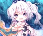  bust fang grey_eyes hat japanese_clothes mari_audio mononobe_no_futo open_mouth ponytail smirk solo tate_eboshi touhou white_hair 