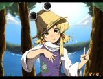  1girl :q blonde_hair blush bust face hair_ribbon hand_on_own_chest hands harusame_(unmei_no_ikasumi) hat letterboxed long_hair moriya_suwako ribbon smile solo tongue tongue_out touhou tree v yellow_eyes 