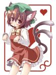  animal_ears brown_eyes brown_hair cat_ears cat_tail chen earrings hat heart jewelry jintosu multiple_tails short_hair solo tail touhou 