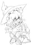  apron bloomers blush braid buttons dress fang footwear hair_ribbon hat hip_attack kirisame_marisa lineart monochrome open_mouth ribbon shoes socks solo taker touhou witch witch_hat 