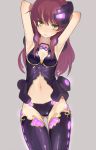  blush breasts cleavage highres navel original purple_hair simple_background tarayama thigh-highs thighhighs yellow_eyes yuki_taru 
