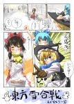  =_= blonde_hair blue_eyes blue_hair bow cirno comic food hair_bow hakurei_reimu hat kirisame_marisa multiple_girls perfect_cherry_blossom red_ribbon ribbon scarf taker touhou translated translation_request witch witch_hat 