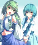  :o bad_id blue_hair blush detached_sleeves frog gradient gradient_background green_eyes green_hair hair_ornament hair_tubes hand_holding hands_on_own_chest heterochromia holding_hands kochiya_sanae long_hair long_sleeves looking_at_another looking_back midriff multiple_girls navel open_mouth ponytail seagonz short_hair simple_background skirt snake tatara_kogasa touhou vest 