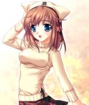  artist_request blue_eyes brown_hair character_request copyright_request happy hat nekohat open_mouth short_hair skirt smile source_request sweater turtleneck unmoving_pattern 