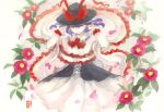  capelet flower frills hat hat_ribbon nagae_iku nayuko petals purple_hair red_eyes ribbon scarf skirt smile solo touhou traditional_media watercolor_pencil_(medium) 