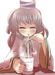  bust chopsticks closed_eyes commentary cup_ramen eating eyes_closed food gaoo_(frpjx283) grey_eyes hat japanese_clothes left-handed mononobe_no_futo noodles ramen solo table tate_eboshi touhou 