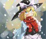  blonde_hair blue_eyes blush bow hat hat_bow kirisame_marisa perfect_cherry_blossom scarf smile snowing solo taker touhou witch witch_hat 