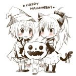  animal_ears bad_id bell blush cat_ears cat_paws cat_tail chibi choker gumichoco halloween happy_halloween hat jingle_bell kyubey long_hair mahou_shoujo_madoka_magica miki_sayaka monochrome multiple_girls paws pocky ribbon sakura_kyouko skirt smile spot_color tail witch_hat 