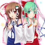  alternate_costume alternate_hairstyle ascot blush bow breasts brown_eyes brown_hair cosplay costume_switch detached_sleeves frog gohei green_eyes green_hair hair_bow hair_ornament hair_ribbon hair_tubes hakurei_reimu hakurei_reimu_(cosplay) kochiya_sanae kochiya_sanae_(cosplay) long_hair miko multiple_girls open_mouth ponytail ribbon skirt smile snake touhou 