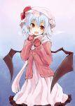  bat_wings blue_hair breath contemporary gloves hat highres mugi_(banban53) open_mouth red_eyes remilia_scarlet scarf short_hair solo sweater touhou wings 
