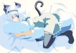  animal_ears bed black_legwear blue_eyes blush cat_ears cat_tail dakimakura_(object) hairband hujikok kemonomimi_mode konpaku_youmu pillow pillow_hug short_hair silver_hair solo tail thigh-highs thighhighs touhou 