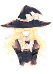  blonde_hair bow bust character_name closed_eyes eyes_closed graphite_(medium) hat hat_bow kirisame_marisa long_hair ribbon simple_background solo tokiame touhou traditional_media white_background witch witch_hat 