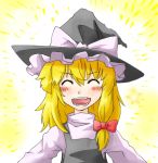  blonde_hair blush closed_eyes eyes_closed hat kirisame_marisa long_hair open_mouth solo taker touhou witch witch_hat 