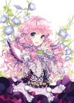  blue_eyes bow bust detached_sleeves flower frills hair_bow hands_together long_hair looking_at_viewer morning_glory nardack open_mouth original pink_hair pom_pom_(clothes) pom_pom_(clothing) ribbon smile solo steepled_fingers tassel wavy_hair wings 