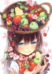  apple basket blue_eyes blush brown_hair cherry flower flower_necklace food fruit grapes holding holding_apple holding_fruit long_hair nicohi object_on_head original pear smile 