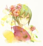  angel_beats! bad_id crossdressinging flower green_hair hair_flower hair_ornament japanese_clothes kimono kumako_(sono328) naoi_ayato short_hair solo trap yellow_eyes 