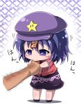  arm arm_grab beret blue_eyes blue_hair chibi expressive_clothes finger_suck finger_sucking hat jiangshi jinnouchi_akira minigirl miyako_yoshika ofuda outstretched_arms shirt short_hair skirt solo standing touhou trembling zombie_pose |_| 