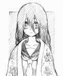  bad_id bangs black_hair blanket bust floral_print graphite_(medium) komori_kiri long_hair monochrome sayonara_zetsubou_sensei school_uniform serafuku shanghai_man solo tears traditional_media 