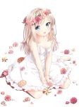  barefoot between_legs blonde_hair blue_eyes blush breasts cleavage collarbone dress etou_(cherry7) flower hand_between_legs head_wreath highres long_hair looking_at_viewer open_mouth original simple_background sitting smile solo sundress v_arms wariza white_background 
