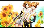  arm_warmers blonde_hair brother_and_sister detached_sleeves green_eyes hair_ornament hair_ribbon hairclip headphones highres kagamine_len kagamine_len_(append) kagamine_rin kagamine_rin_(append) letterboxed navel navel_cutout ribbon short_hair shorts siblings smile twins umimami vocaloid vocaloid_append 